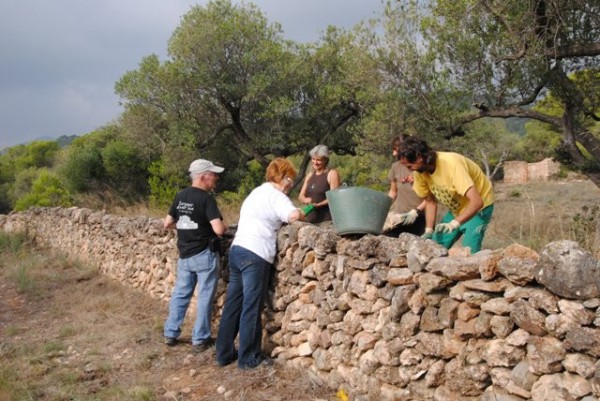vecinos construyendo muros de piedra